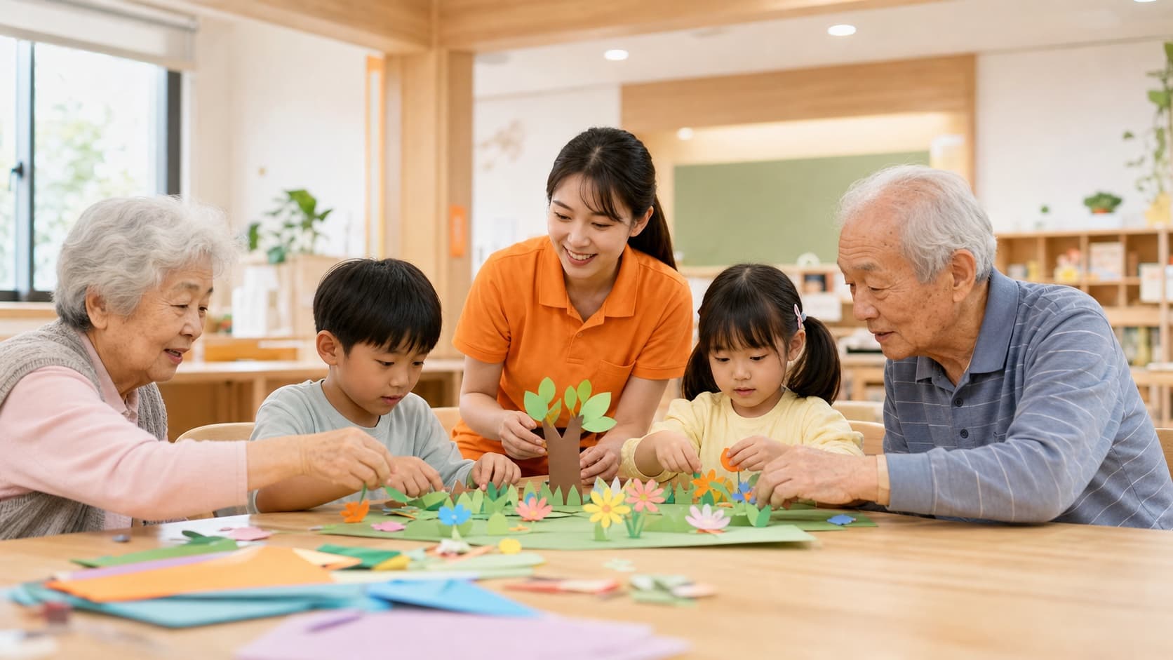 長者與孩子在日照中心一起完成共融活動