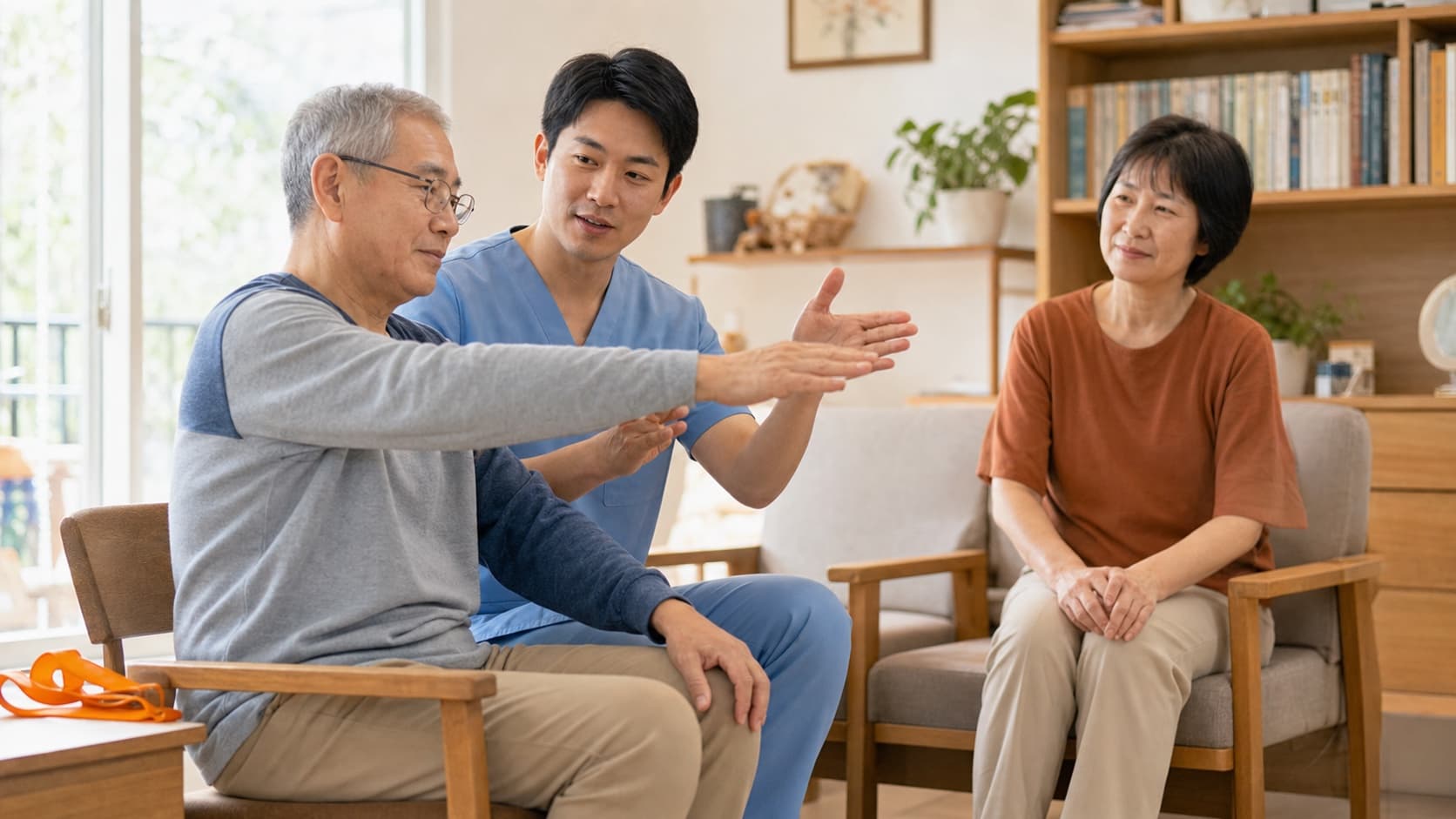 治療人員陪伴中風長者進行居家復能活動